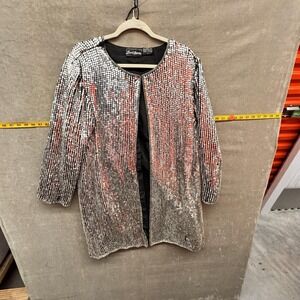 Jewel Queen Jacket Womens Large Silver Sequin Silk Open Front Evening Party